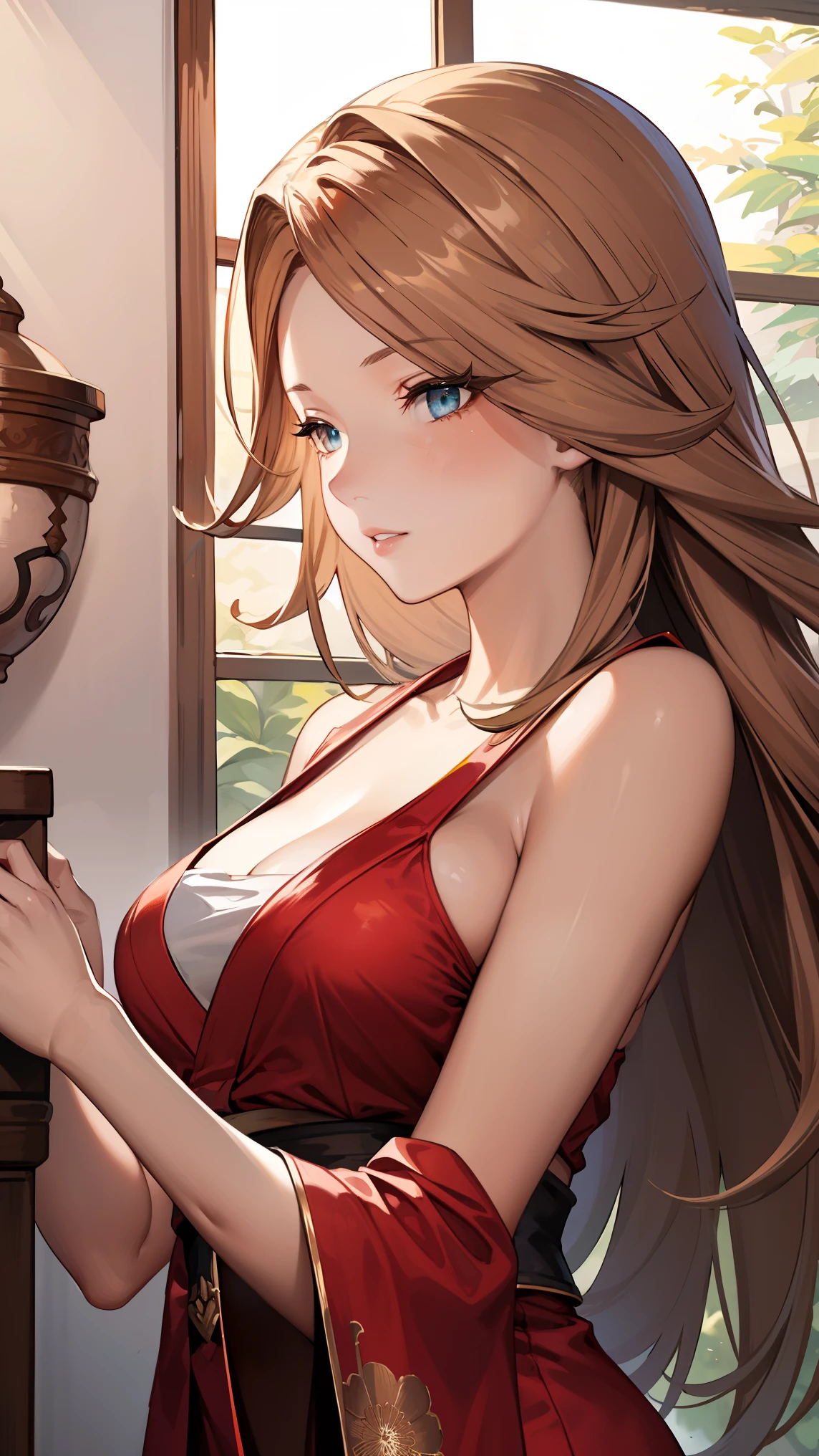 katalina (granblue fantasy), 
BREAK (red dress,sleeveless,japanese_clothes,bare_shoulders,(Closed_clothes):1.2), BREAK is standing、outside of house、plein air,
BREAK (masterpiece:1.2), best quality, high resolution, unity 8k wallpaper, (illustration:0.8), (beautiful detailed eyes:1.6), extremely detailed face, perfect lighting, extremely detailed CG, (perfect hands, perfect anatomy),