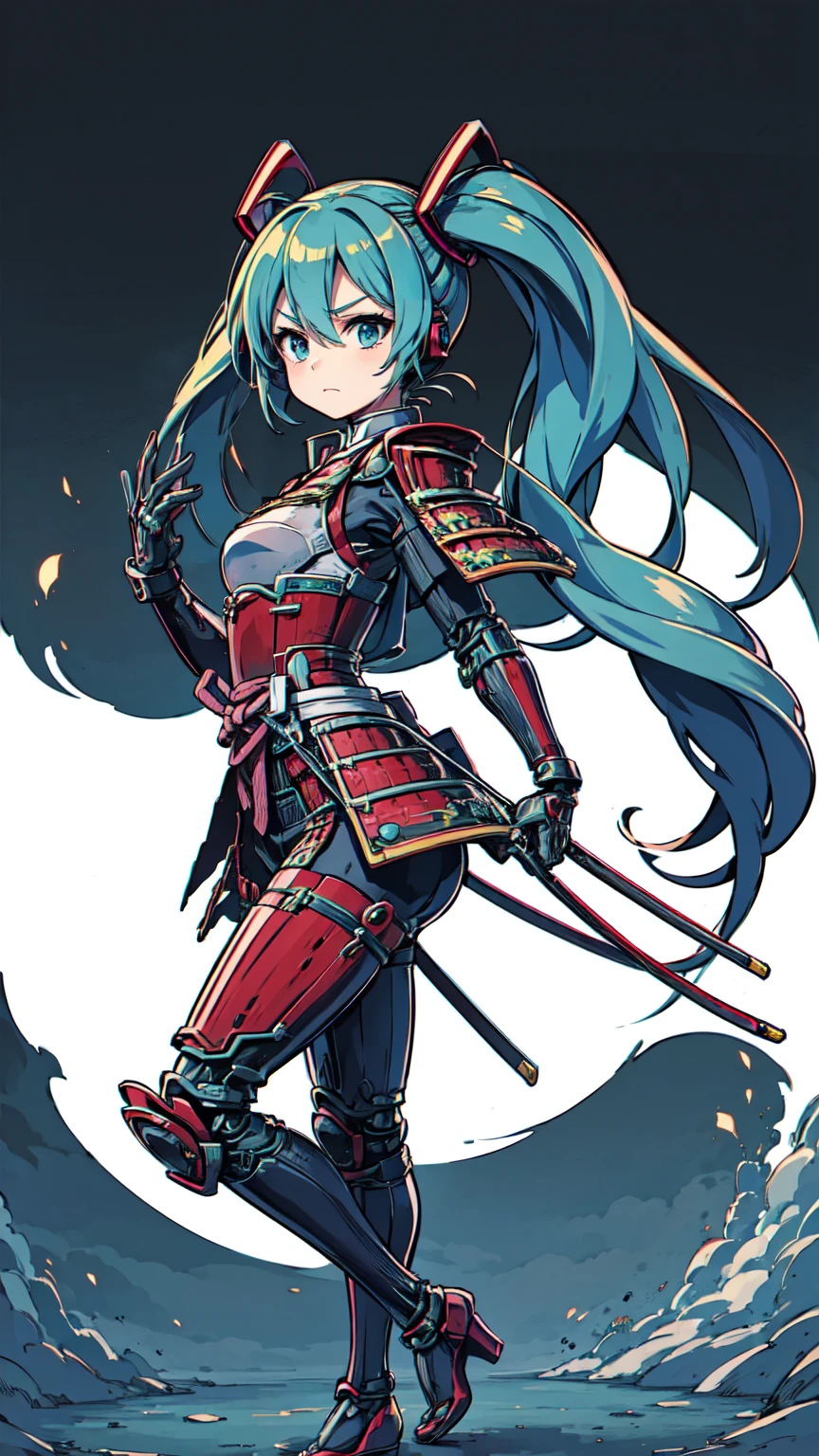 Adult Woman, Hatsune Miku, Dignified Face, ((Japanese Armor Warrior)), Cyberpunk, High Heels, Masterpiece, Top Quality, Super Detailed, Dignified Face, Anime Visuals, Heavy Cybernetic Leotard, Science Fiction, Good _ Face: 0.8