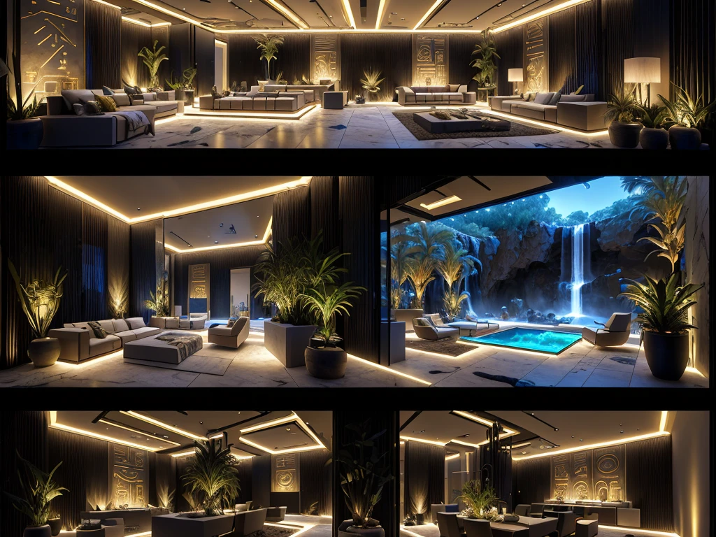 collage, bedroom, kitchen, living room, bathroom, dining room, terrace, incredible luxurious futuristic interior in Ancient Egyptian style with many ((lush plants)) (lotus flowers), ((palm trees)), rocky walls, (sand), ((waterfalls)) (marble), ((precious minerals)), ((metals)), (gemstones), crystals, clouds and ((water)), crocodiles, (hieroglyphics), (((ultra luxury))), (black marble) – with ((beautiful lights)), Unreal Engine, HQ, 16k