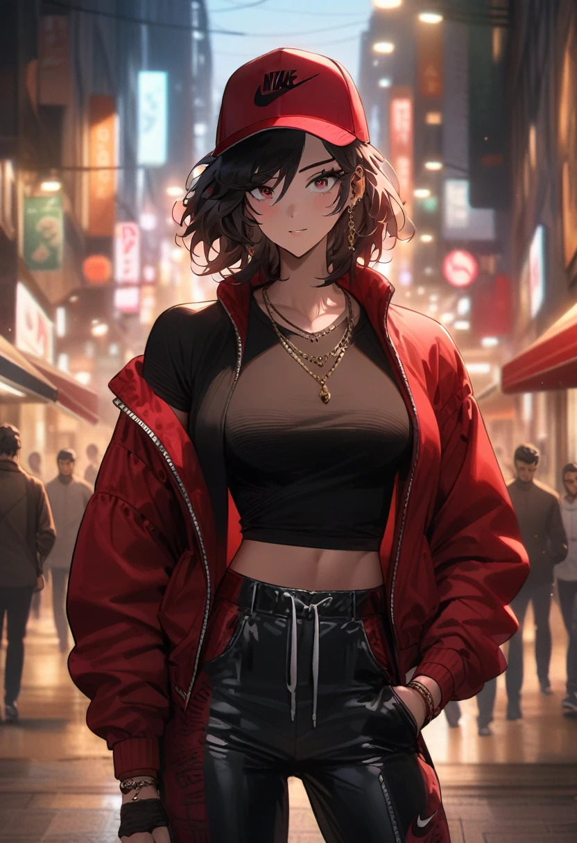 Full of cyberpunk style, solo, chef longs, regardant the spectateur, in the market street, chef noirs, young rouges, nombril, bijoux, jacket, haut du corps, boucles d'oreilles, outdoor vehicles, vent, outdoor jacket, haut court , tatouage, mask, baseball cap, rouge couvre, rouge vest, clairse fermere, créoles, printed with Nike, black latex pants