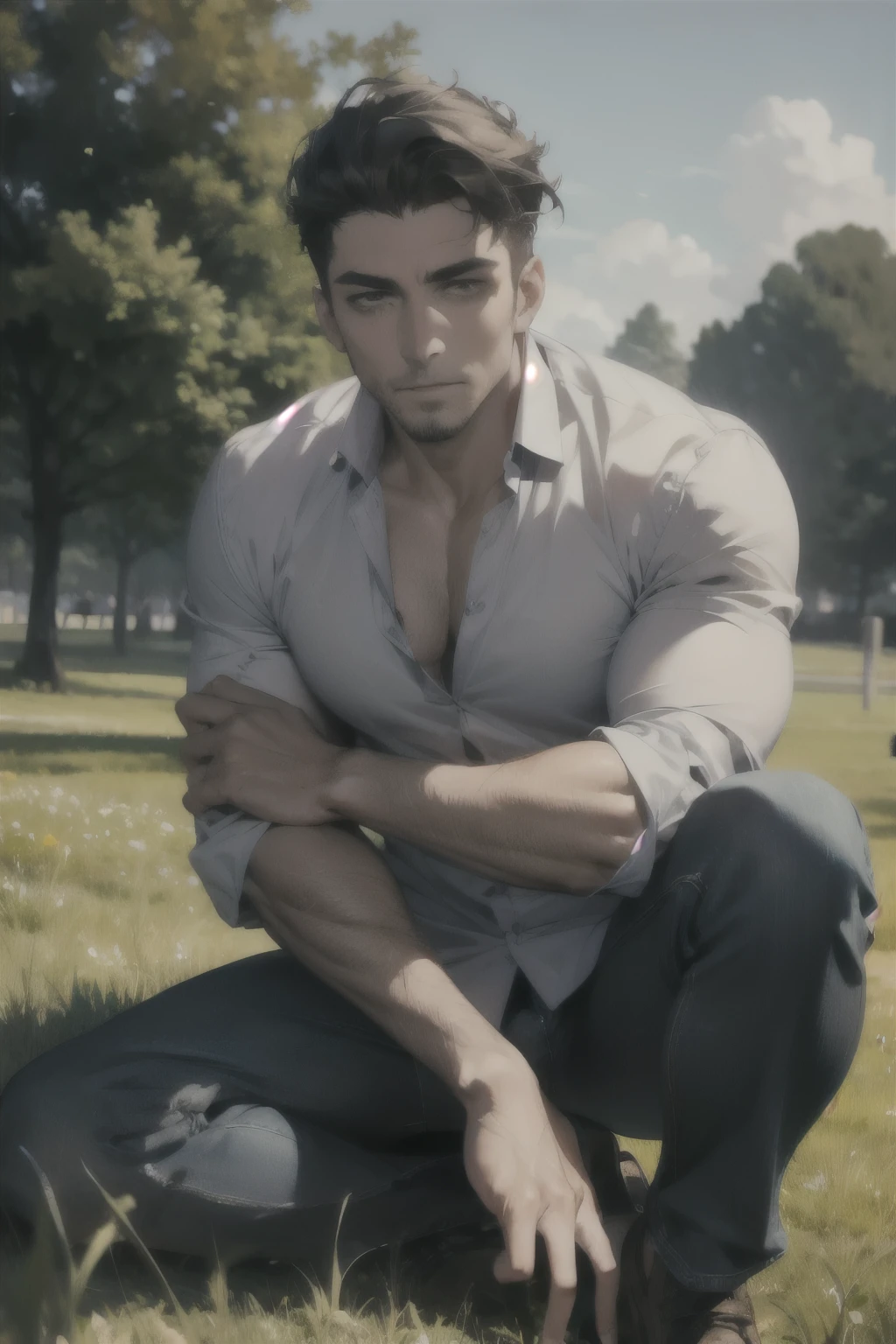 (Best Quality,4k,8k,High resolution,masterpiece:1.2),ultra detailed,(realist,photorealist,photo-realist:1.37),1 man,31 years,mature man,very handsome,big body,muscular,without expresion,perfect face without mistakes,short gray black hair,distracted,sitting on the floor,lagoon and meadow,cinematic lighting,imagen HDR