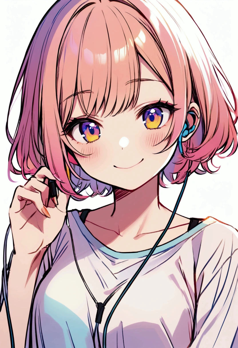 Young woman, short hair, pink-yellow hair, blue-purple-yellow eyes, Blue Makeup, white shirt, simple background, smiling, blushing, half body, with earphones