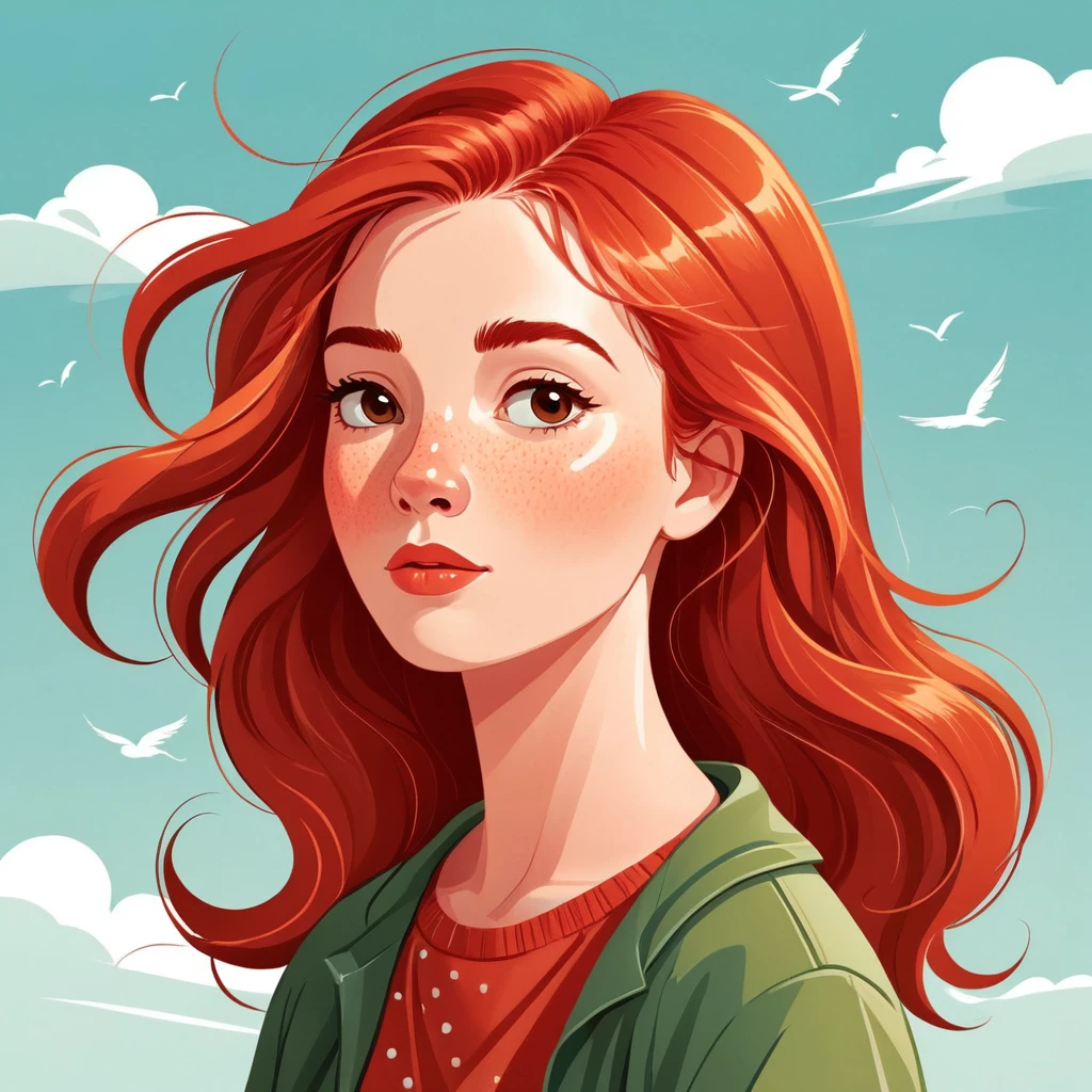 A cartoon style illustration, a red-haired woman with hair blowing in the wind, a woman. She is thoughtful..by Kathrin Honesta