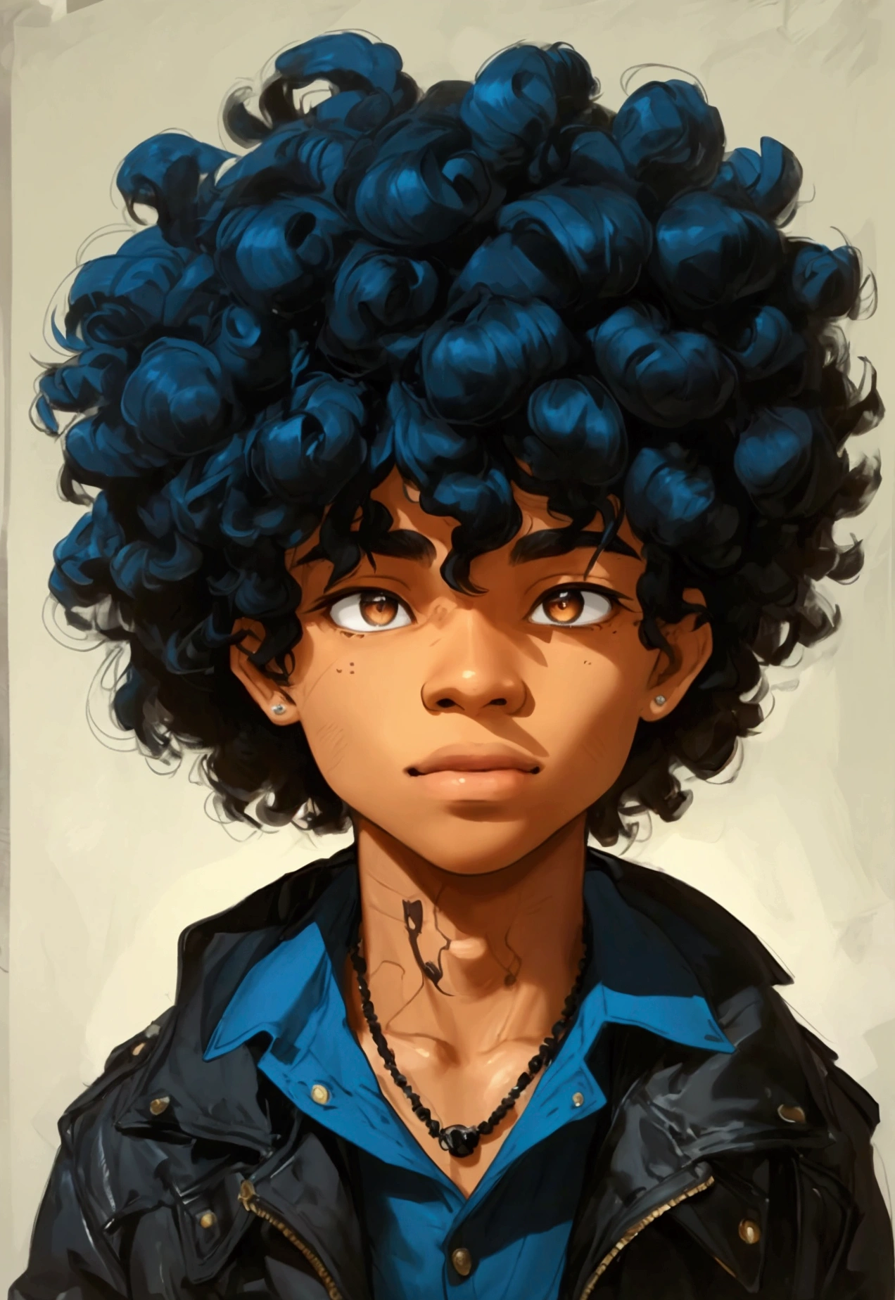 a  boy with an average height of 1.80 cm strong , facial features of mixed origin, like an aquiline nose and full lips, inherited from his African ancestry, and black characteristics of his heritage. Her hair is an explosion of frizzy Afro-style curls., reaching almost to the shoulders,  with some blue highlights and is a deep black color, highlighted by the brown tones of her eyes. To make your look younger and livelier, he is smiling, give a caricature appearance, with exaggerated and expressive strokes, like bouncy eyebrows and big bright eyes. He adds a tight blue shirt and jeans with a black jacket showing off his emerging muscles and making it clear that he is confident and proud of his unique appearance.. A black boy