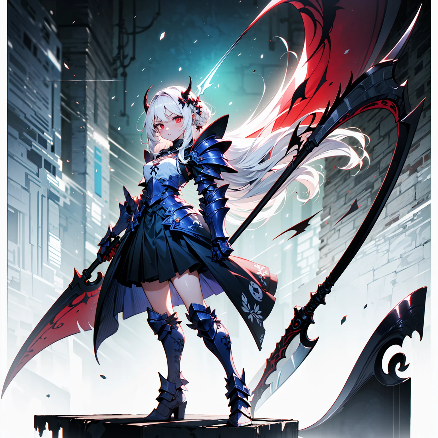 (((masterpiece, best quality, high detailed, 8k))) Design a layout showcase Gaming character, (1girl) Slender cute girl character with short stylish white hair and piercing eyes. She wears a demonic armor in purple black and white. wields a large, stylized scythe. The character has a menacing expression, with a chaotic environment as the background. ((full body front view)). ((slender)), (extremely detailed:1.5), (long white hair:1.2), (piercing red eyes:1.2), (chaotic environment:1.1), (demonic armor:1.3), (stylized scythe:1.3).