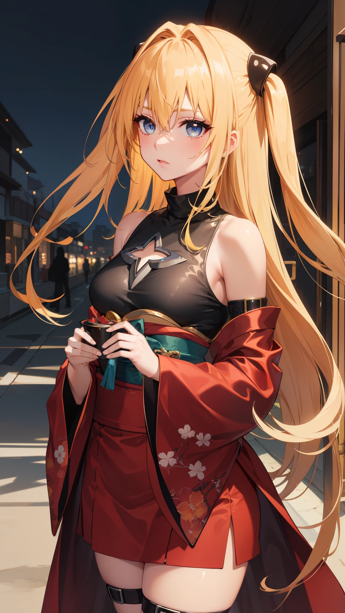 Masterpiece, Best, Night, Full Moon, 1 Female, Mature Woman, Chinese Style, Ancient China, Big Sister, Real Sister, Cold Face, Expressionless, Long Haired Blonde Woman, Pale Pink Lips, Calm, Intellectual, Three Belts, Hitomi Grey, Killer, Dagger, Flower Ball Background, Street View