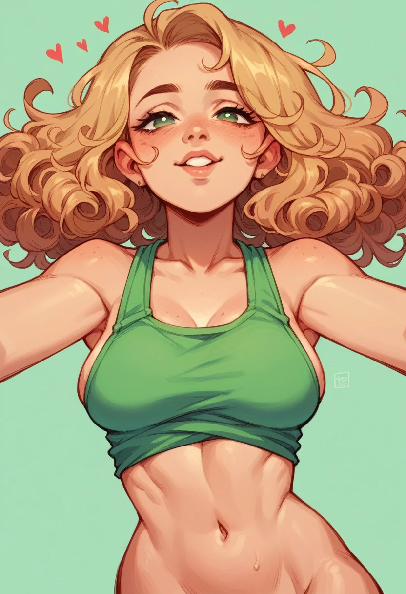A jambo brunette woman, her curly blonde hair framing her heart-shaped face. Her breasts are very small and she wears a sleeveless moss green top, which falls just above her belly button.