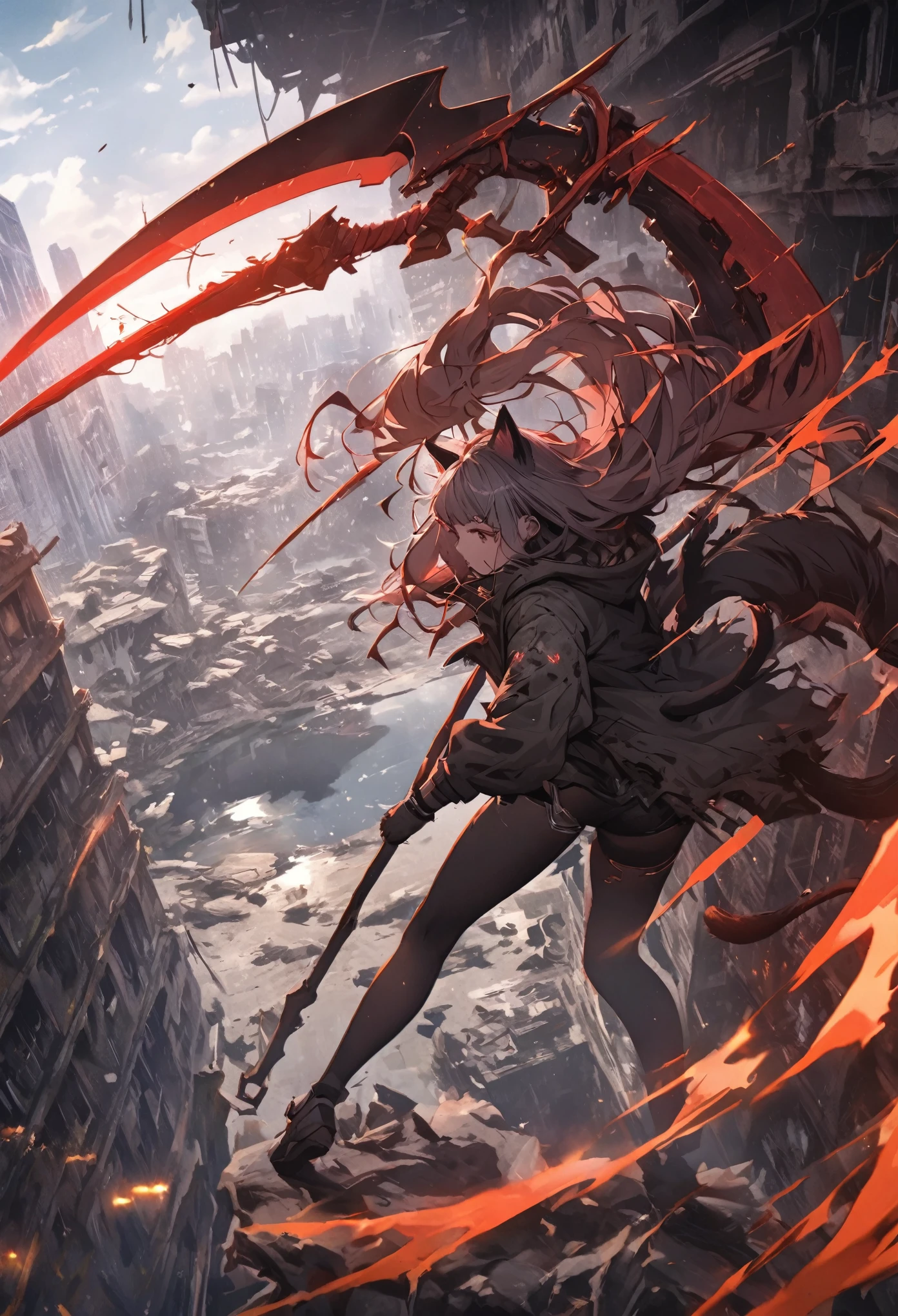 Detailed silhouette of a cyberpunk girl with cat ears and a tail, Flowing, Tattered coat, Has a giant blood scythe containing mechanical design, Stand on the glossy, Minimalist reflective surface, Abandoned cityscape background, Battle Scenes, Swinging a mechanical scythe,