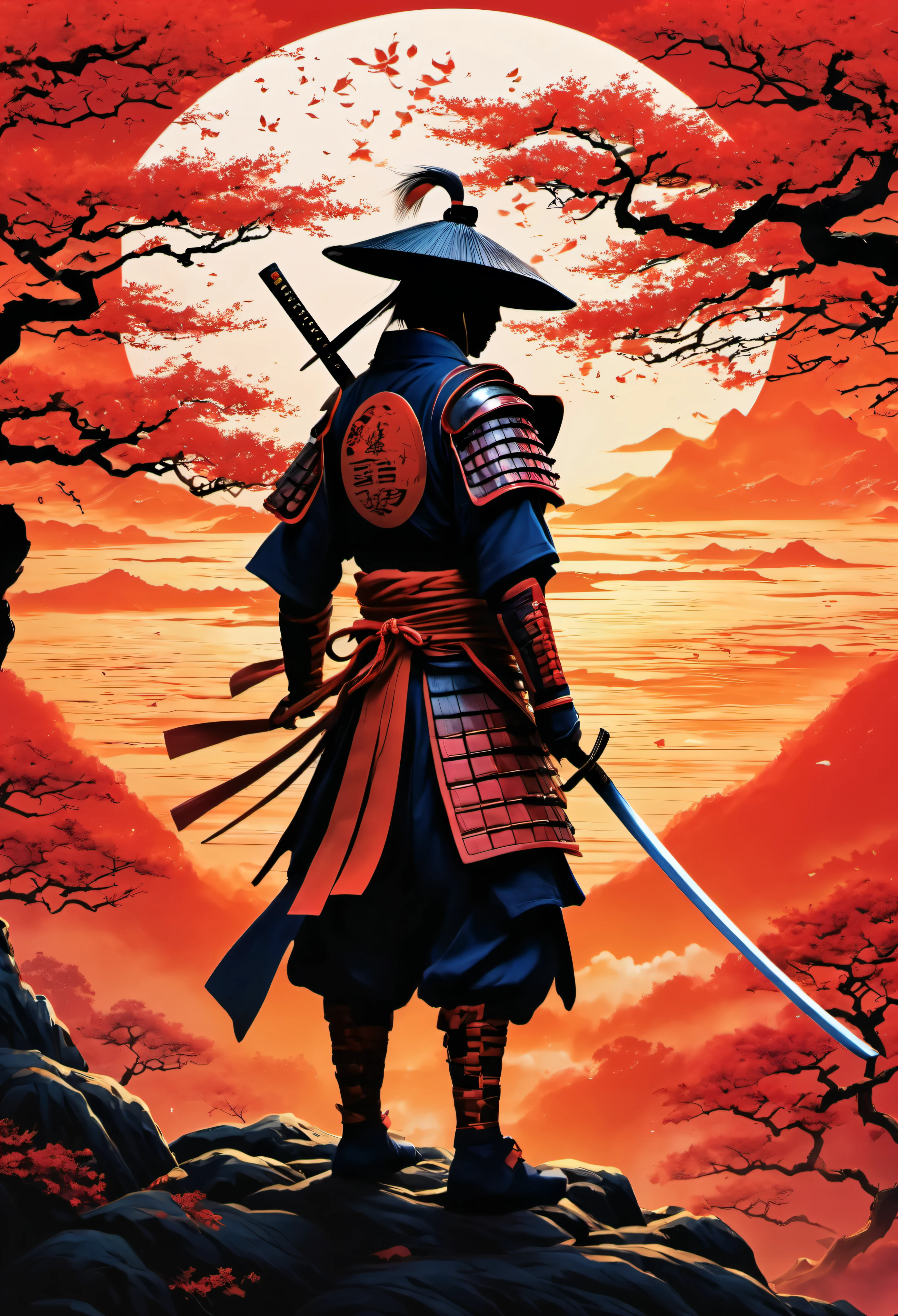 (work of art, best qualityer:1.2), Magic samurai, samurai under the magical rising sun, Magic Costume, 3D crisis, traditional japanese colors, rear view,