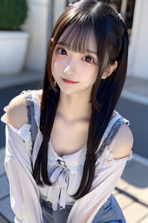 ((The photo is from the thighs up))、Highest quality、High resolution、超High resolution（Real：1.4）、((jirai kei))、(School:1.3)、18-year-old、Japanese women、Small breasts、(looking at the camera)、Cute round face、smile、((Shiny gray hair))、looking at the camera、Sparkling eyes、Lips shining with lip gloss、Natural light、(()）、Flat breasts、Small breasts、(smallバスト:1.4)、smallバスト、(slim、small、Flat、small)、thin、Delicate and sexy collarbone、One Girl、(beautiful girl、Delicate girl:1.3)、(18-year-old:1.3)、Very beautiful eyes、(Symmetrical eyes:1、Brown eyes、Parted bangs、(Eye and facial details:1.0) )、Real実写、Photogenic transparency、Detailed eyes、Gradation、Perfect anatomical figure、Woman with perfect body、Highly detailed skin、Highly detailed face、Beautiful eyes in every detail、Background Blur、Sexy pose、