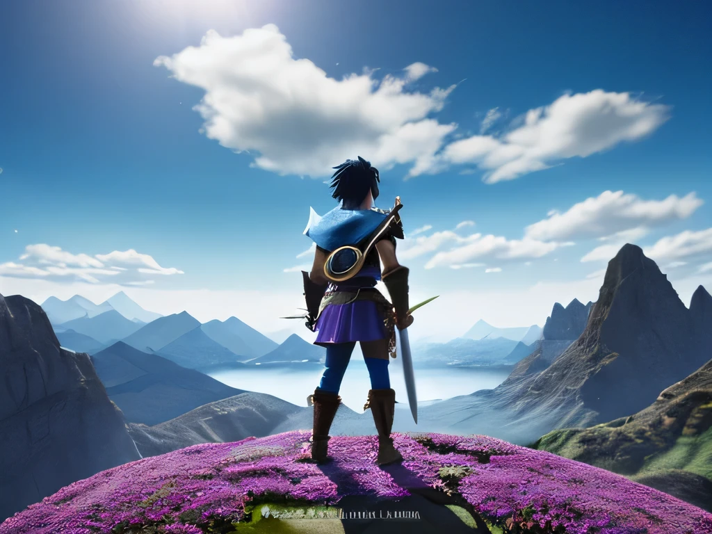 A land of legendary wealth.Fantasy、Dragon Quest style images、A black-haired hero holding a sword stands facing backwards、