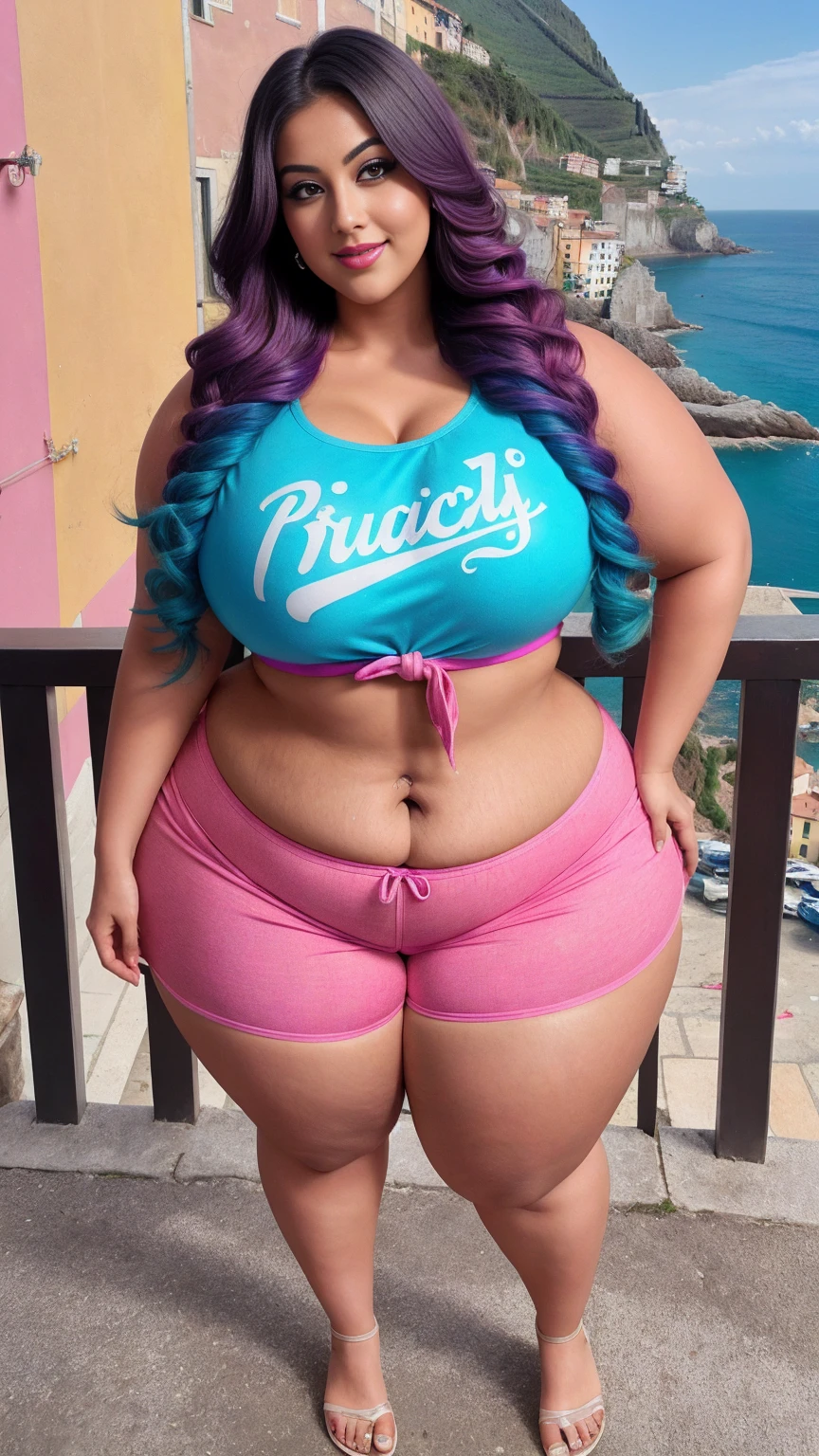 gorgeous curvy plus size Indian bengali actress ritavori , glowing eyes, wearing SHEIN Young Boy Tie Dye Letter Graphic Tee & Shorts
, covered Bust, parted lips, blushing cheeks, thick thighs, bigger waist, busty, curvy plus size body, full body, full body shot, head to toe view, smoothning burgendy color hair with pfrench braid hairstyle, hourglass body, curvy plus size body, smile face, bigger waist, busty, big hips, fleshy thighs, thick thighs, busty, full body view, Cinque Terre, Italy: Colorful seaside villages on cliffs.
