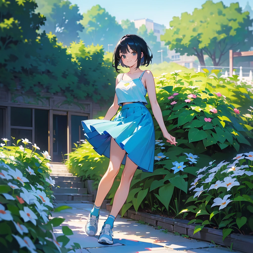 (high quality, High resolution, Very detailed, reality:1.37), Peaceful atmosphere, (Outdoor, garden), age girl standing alone, (my breasts are big.), Beautiful details, Cute Smile, (Black bob hair), camisole, Blue Skirt, Blue socks, sneakers.