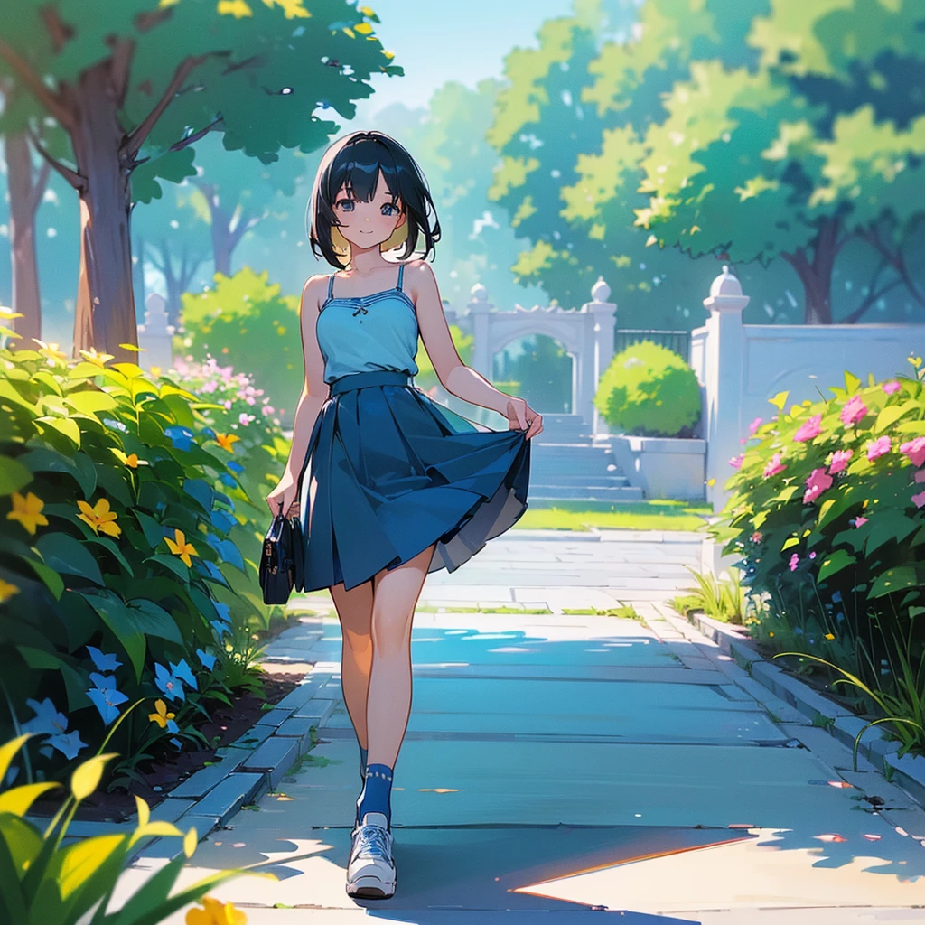 (high quality, High resolution, Very detailed, reality:1.37), Peaceful atmosphere, (Outdoor, garden), age girl standing alone, (my breasts are big.), Beautiful details, Cute Smile, (Black bob hair), camisole, Blue Skirt, Blue socks, sneakers.