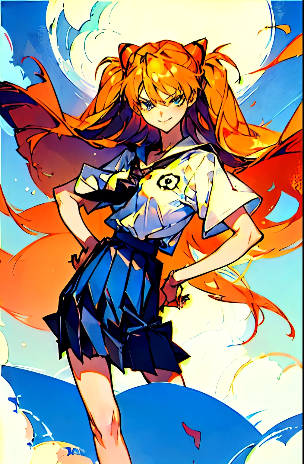 (Highest quality、masterpiece:1.2), One Girl、Beautiful poop、Shikinami Asuka Langley, ((White shirt、Black tie、Pleated skirt、school uniform)), ((Blue sky、White cloud)), One hand on her hip, Long Orange Hair、blue eyes, ((Malicious look、Vulgar smile)), elegant、Charm、Sexy、Beautiful and well-groomed face、Beautiful Eyes、Beautiful Hair、Smooth Skin、Beautiful mouth、Smooth legs、A balanced body、