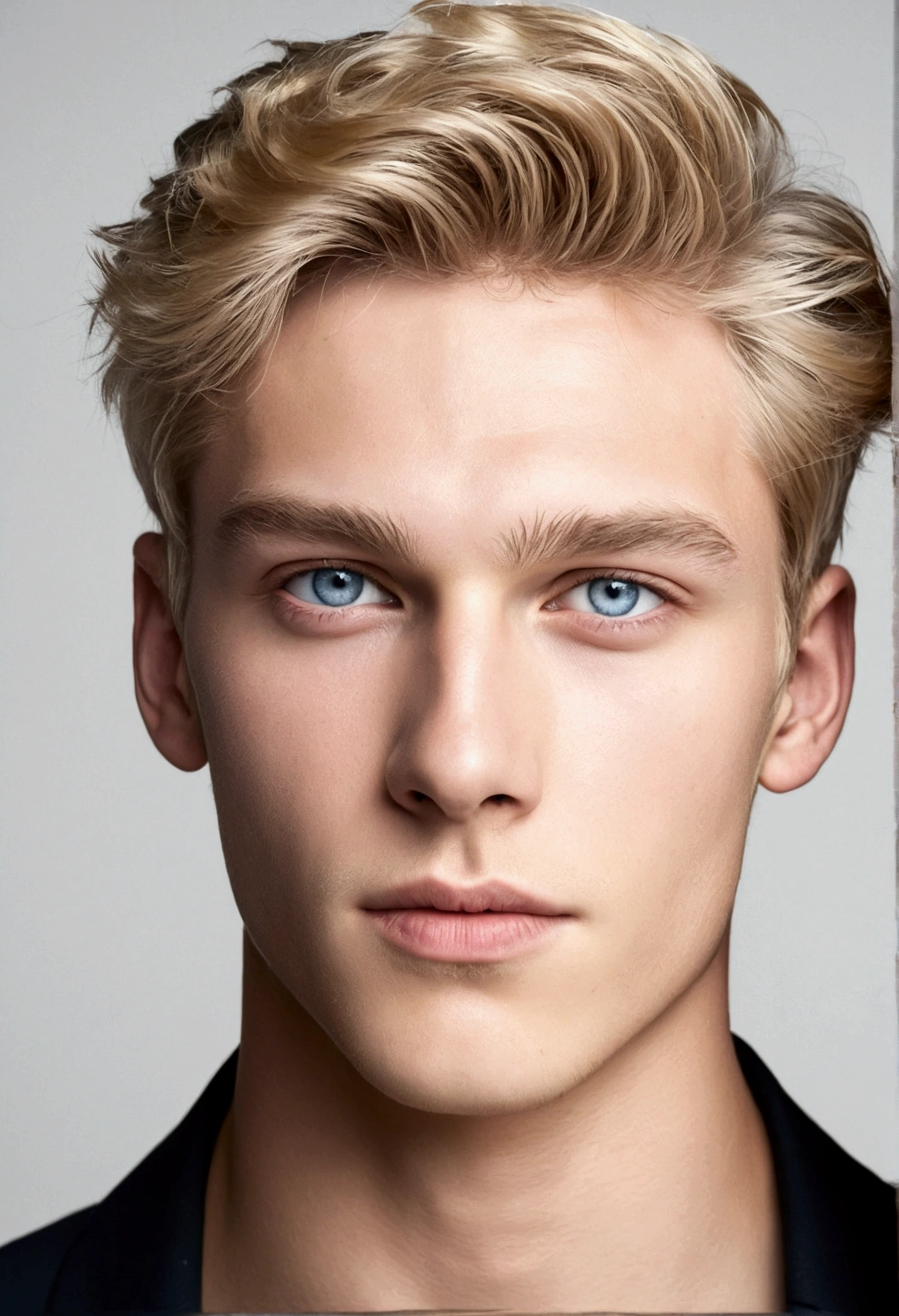 Frenchman with light gray blue eyes Very clear, white skin, blonde hair, very handsome, athletic appearance,No beard or mustache, 20 years old, make him look tender but masculine