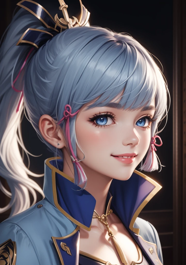 (masterpiece), (best quality), (ultra detailed),(disheveled hair),(illustration), (1girl), standing, smiling, beautiful detailed eyes, light blue eyes, detailed beautiful face, (kamisato ayaka: 1.2), Genshin Impact,focus on face, ponytail, kamisato ayaka(genshin impact), light blue hair, detailed hair, bangs, best lighting, best shadow, highly detailed, vibrant