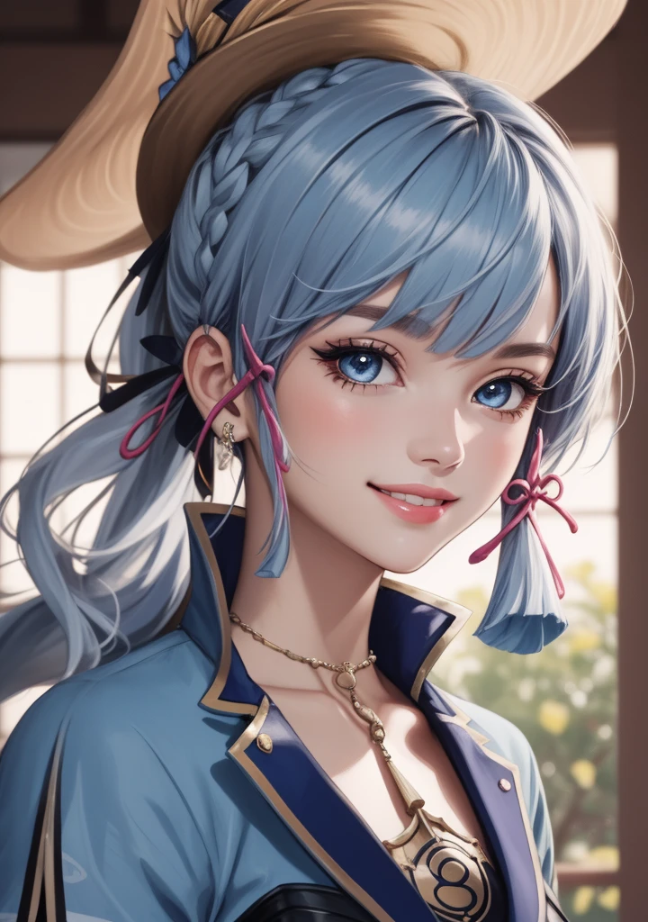 (masterpiece), (best quality), (ultra detailed),(disheveled hair),(illustration), (1girl), standing, smiling, beautiful detailed eyes, light blue eyes, detailed beautiful face, (kamisato ayaka: 1.2), Genshin Impact,focus on face, ponytail, kamisato ayaka(genshin impact), light blue hair, detailed hair, bangs, best lighting, best shadow, highly detailed, vibrant