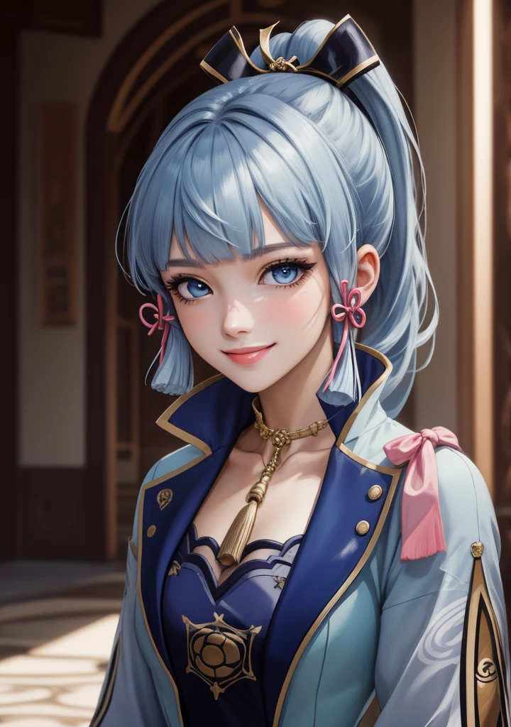 (masterpiece), (best quality), (ultra detailed),(disheveled hair),(illustration), (1girl), standing, smiling, beautiful detailed eyes, light blue eyes, detailed beautiful face, (kamisato ayaka: 1.2), Genshin Impact,focus on face, ponytail, kamisato ayaka(genshin impact), light blue hair, detailed hair, bangs, best lighting, best shadow, highly detailed, vibrant