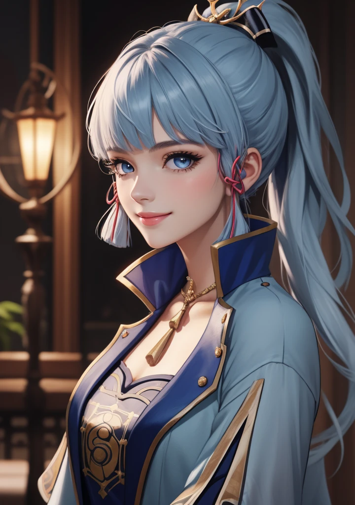 (masterpiece), (best quality), (ultra detailed),(disheveled hair),(illustration), (1girl), standing, smiling, beautiful detailed eyes, light blue eyes, detailed beautiful face, (kamisato ayaka: 1.2), Genshin Impact,focus on face,  ponytail, kamisato ayaka(genshin impact), light blue hair, detailed hair, bangs, best lighting, best shadow, highly detailed, vibrant
