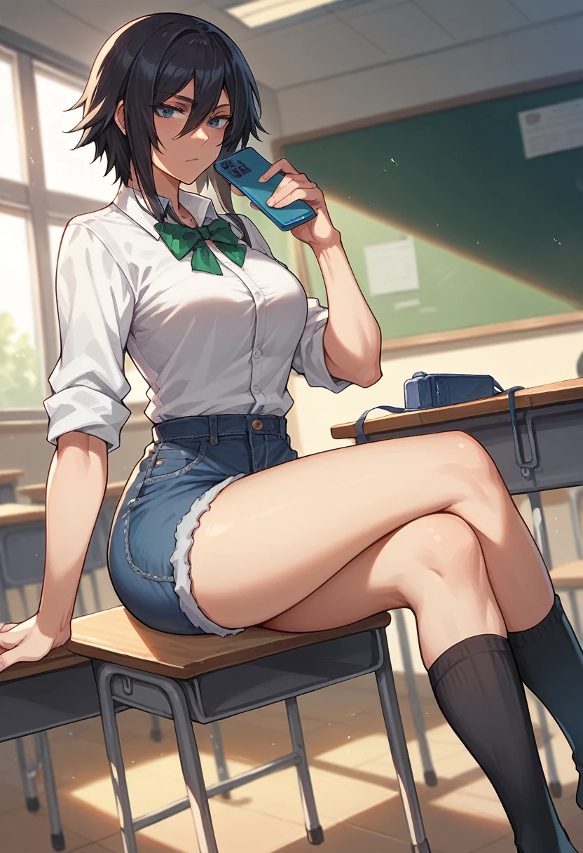 shirase sakuya,Denim shorts,Black knee socks,White shirt with rolled up sleeves,Black Hair,short hair,boyish,classroom,Telephone,