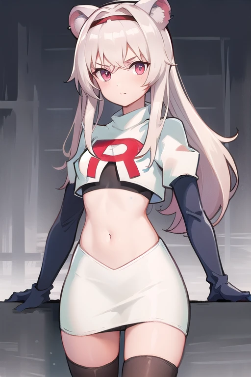 best quality,1girl,normal,cowboy shot,holding sword, team rocket,team rocket uniform,white skirt,red letter R,crop top,black thigh-highs,black elbow gloves