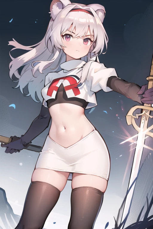 best quality,1girl,normal,cowboy shot,holding sword, team rocket,team rocket uniform,white skirt,red letter R,crop top,black thigh-highs,black elbow gloves