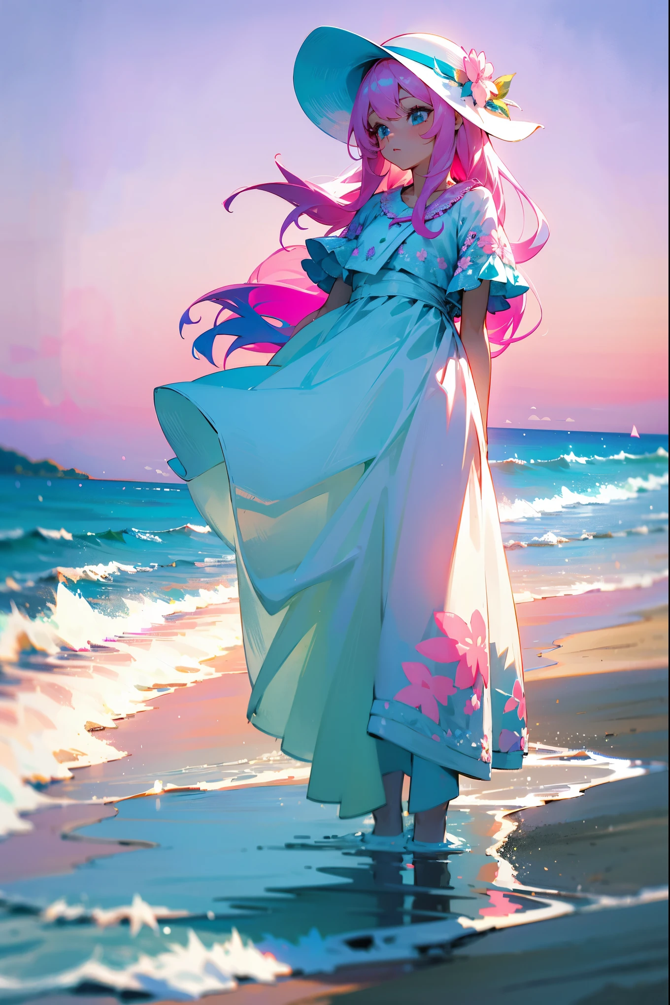 1female, pastel pink hair, teal eyes, wearing a white summer dress with floral embroidery, sun hat, standing on a path, beach at sunset with glowing jellyfish in the water, masterpiece, 8k.