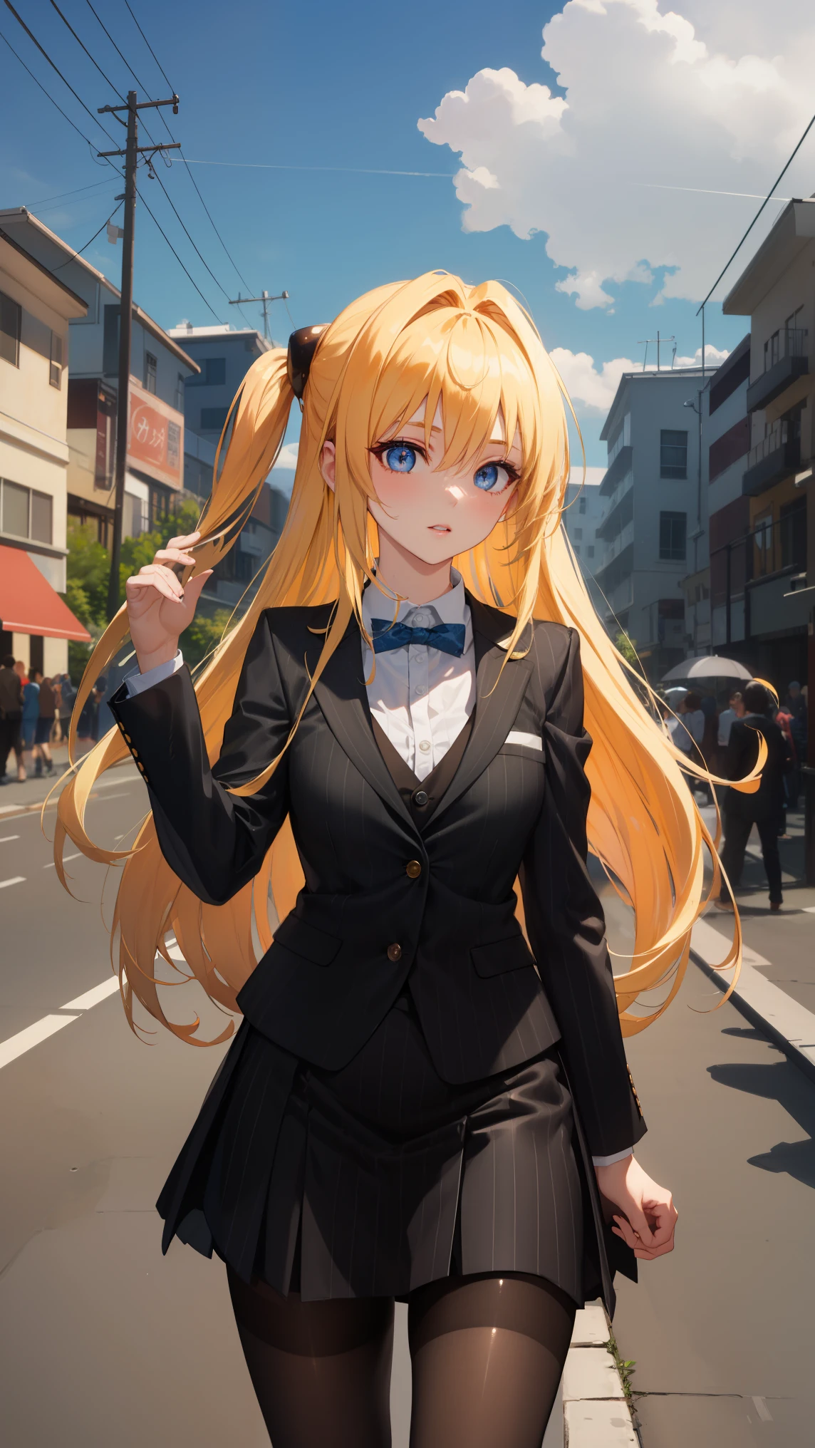 1girl,   golden_darkness, long hair, very long hair, two side up, hair ornament, medium breasts, hair intakes, hair between eyes, golden_darkness, long hair, very long hair, two side up, 
BREAK (pinstripe suit, black suit, collared shirt, pinstripe skirt, black pantyhose:1.2), BREAK is standing、outside of house、plein air,
BREAK (masterpiece:1.2), best quality, high resolution, unity 8k wallpaper, (illustration:0.8), (beautiful detailed eyes:1.6), extremely detailed face, perfect lighting, extremely detailed CG, (perfect hands, perfect anatomy),