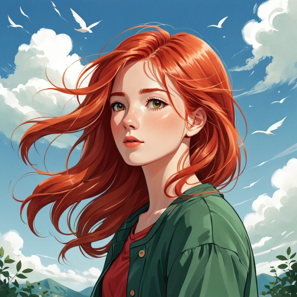 A anime style illustration, a red-haired woman with hair blowing in the wind, a woman. She is thoughtful..by Kathrin Honesta