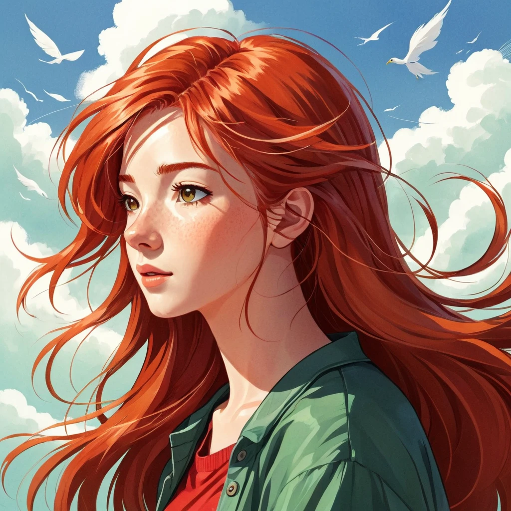 A anime style illustration, a red-haired woman with hair blowing in the wind, a woman. She is thoughtful..by Kathrin Honesta