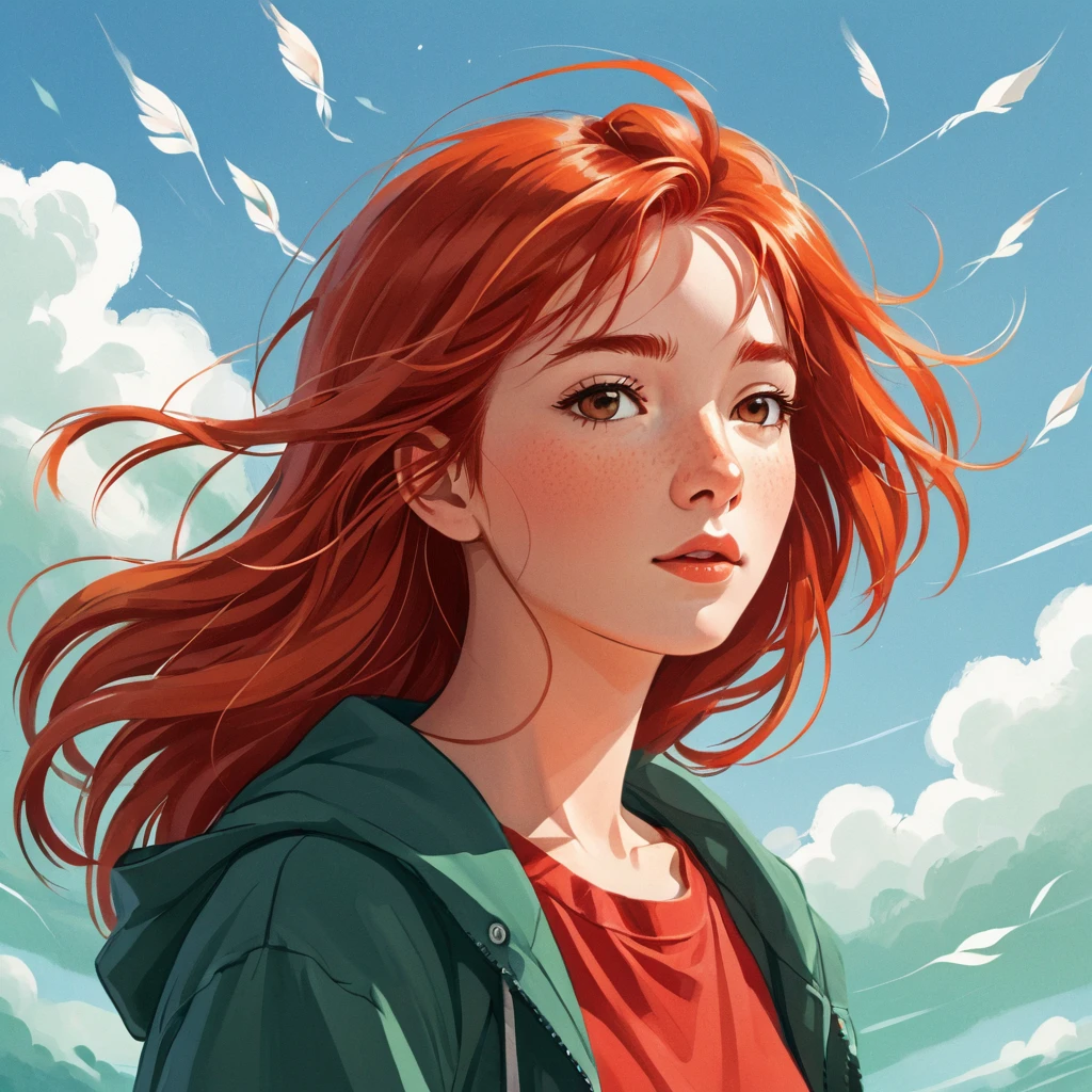A anime style illustration, a red-haired woman with hair blowing in the wind, a woman. She is thoughtful..by Kathrin Honesta