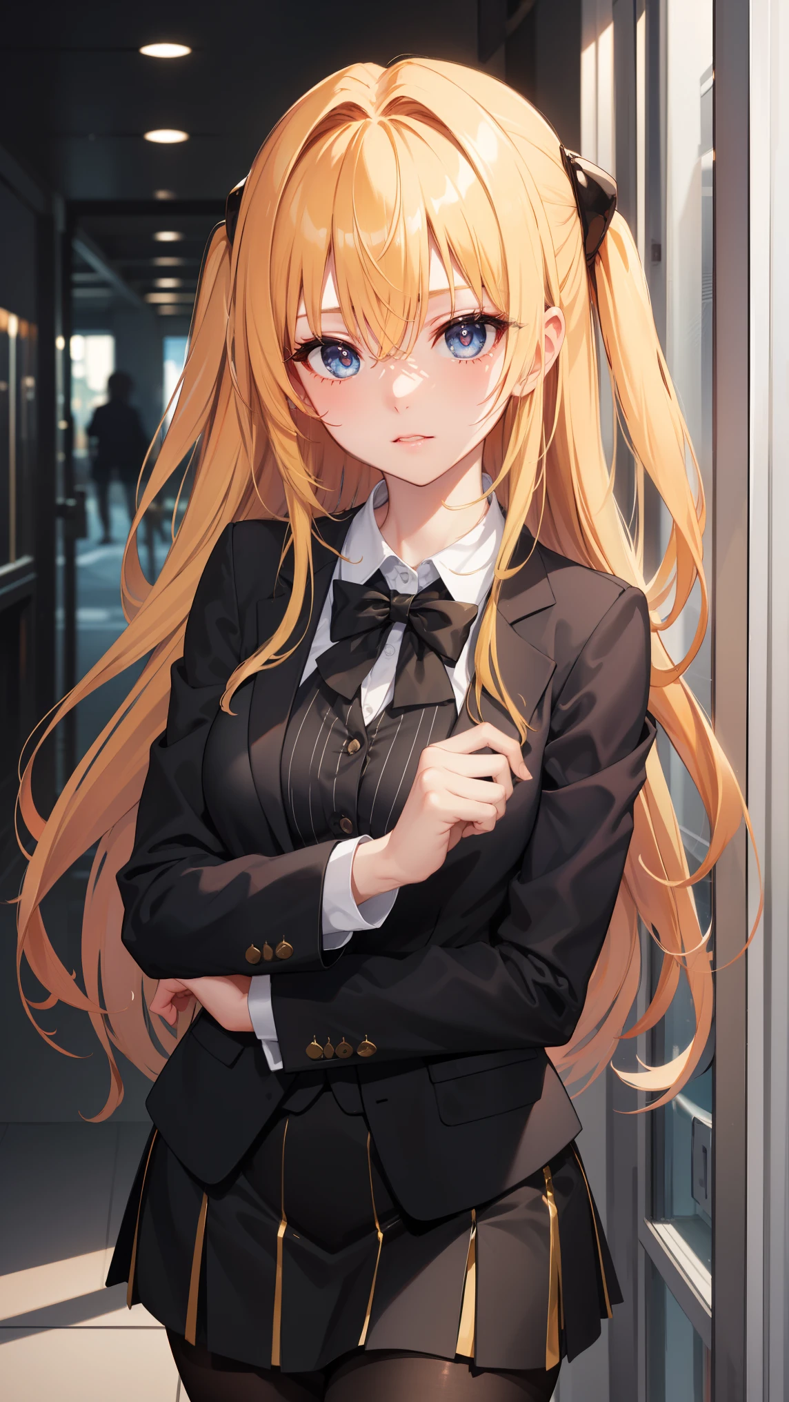 1girl,   golden_darkness, long hair, very long hair, two side up, hair ornament, medium breasts, hair intakes, hair between eyes, golden_darkness, long hair, very long hair, two side up, 
BREAK (pinstripe suit, black suit, collared shirt, pinstripe skirt, black pantyhose:1.2), BREAK is standing、outside of house、plein air,
BREAK (masterpiece:1.2), best quality, high resolution, unity 8k wallpaper, (illustration:0.8), (beautiful detailed eyes:1.6), extremely detailed face, perfect lighting, extremely detailed CG, (perfect hands, perfect anatomy),