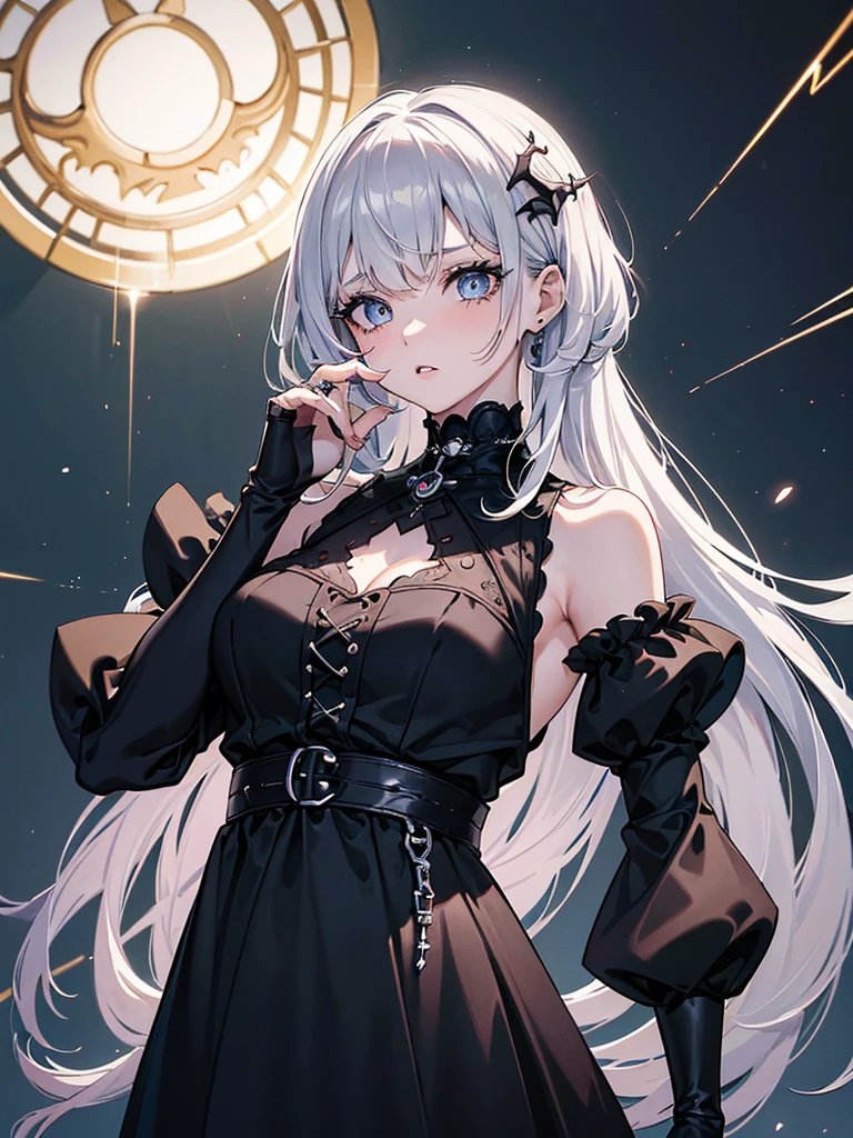 Highest quality, shape, Very detailed, In detail, High resolution, 8k wallpaper, Perfect dynamic composition, Beautiful details, Center of chest, Natural color lip, Random sexy poses,smile,20-year-old girl,Huge , A woman with long wavy silver hair wearing a black dress and white apron
