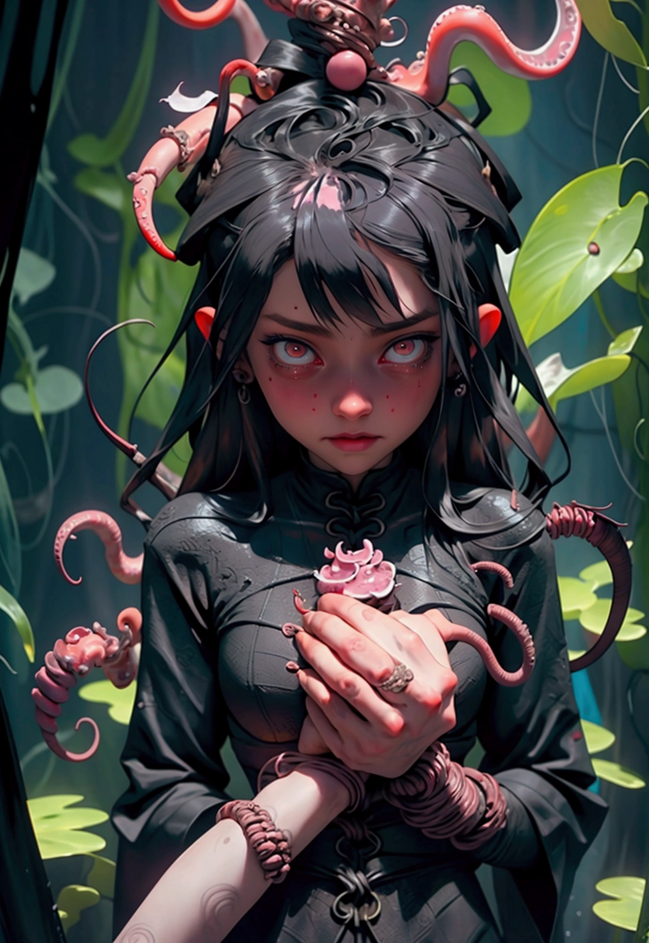 In the dungeon,Rough,Covered with tentacles, tentacles around, many tentacles, Fine details,Bound by tentacles,Tied by tentacles,被中出,In drooling,Crying,s girl