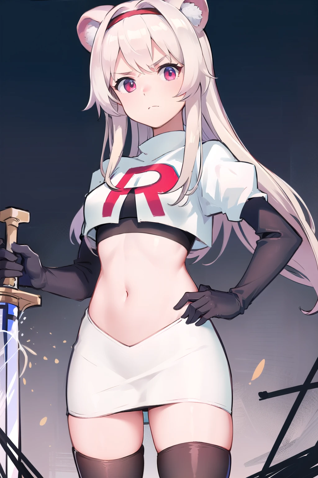 best quality,1girl,normal,cowboy shot,holding sword, team rocket,team rocket uniform,white skirt,red letter R,crop top,black thigh-highs,black elbow gloves