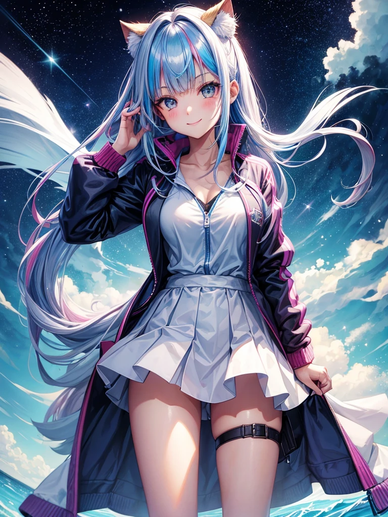Masterpiece, Best quality, stars, Night, sky, Real, Cityscape, Huge_filesize, the wallpaper, Girl,  yukkuri_shiteitte_The No, Medium hair, Striped hair, Wavy hair, view the viewer, aqua eyes, grin, Sparkling eyes,  shirt, Sweater jacket, Bare_bshoulders, Miniskirt, Sukusui, white thighhighs, Earrings, fingerless_mitts, half gloves , Spread legs, Legs_Up, Sam_polypubic hair, Skirt lift,