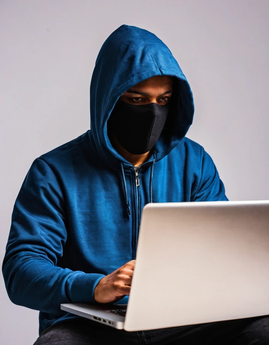 Scammer man, hoodie jacket without face, with laptop, as scammer.