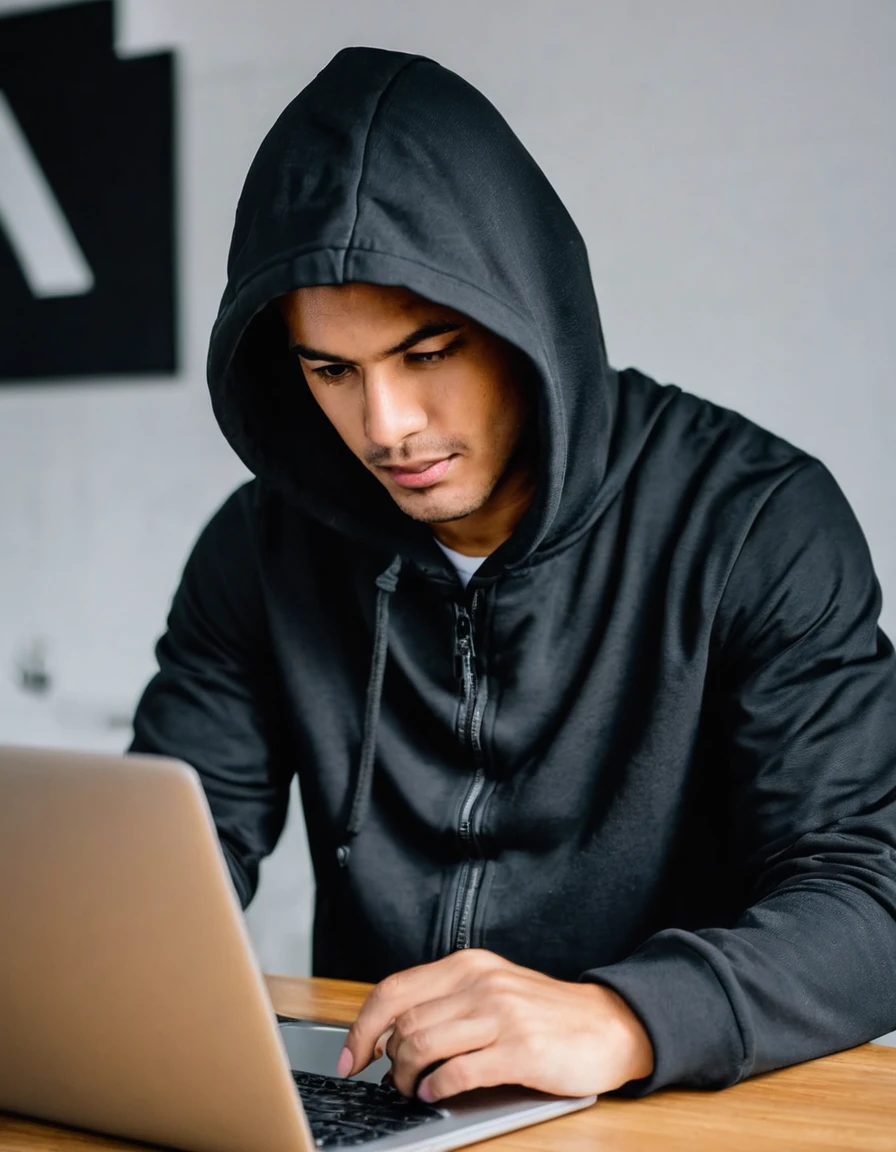 Scammer man, hoodie jacket without face, with laptop, as scammer.