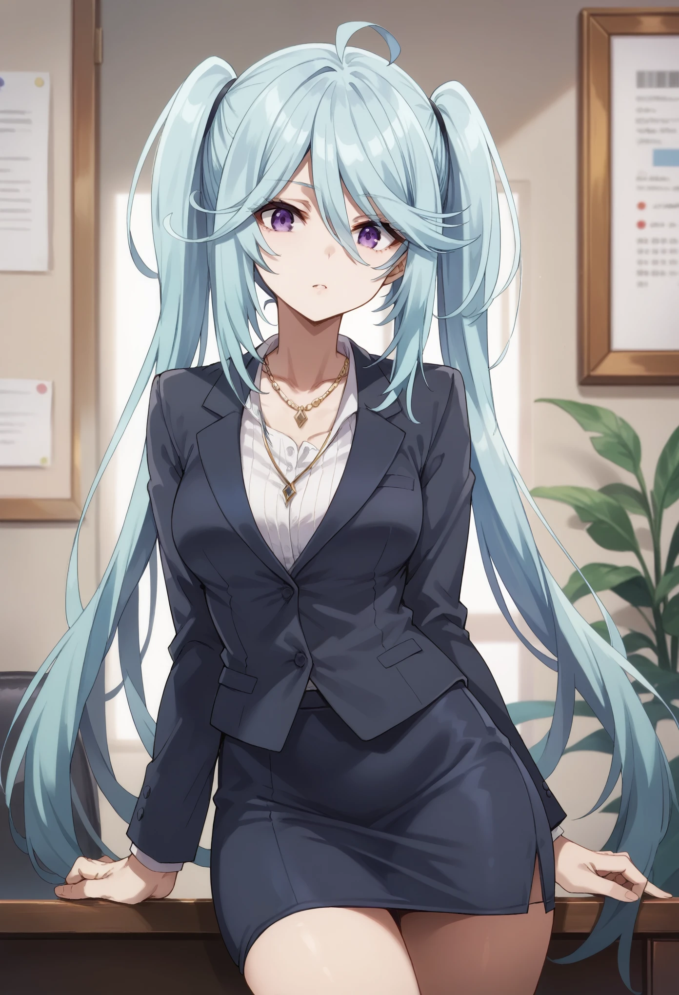 1girl, solo, long hair,blue hair,purple eyes,twintails, looking at viewer, bangs, hair between eyes, medium breasts, ahoge, formal, office uniform, suit,  jewelry, necklace, pencil skirt, skirt, vera_rustamova