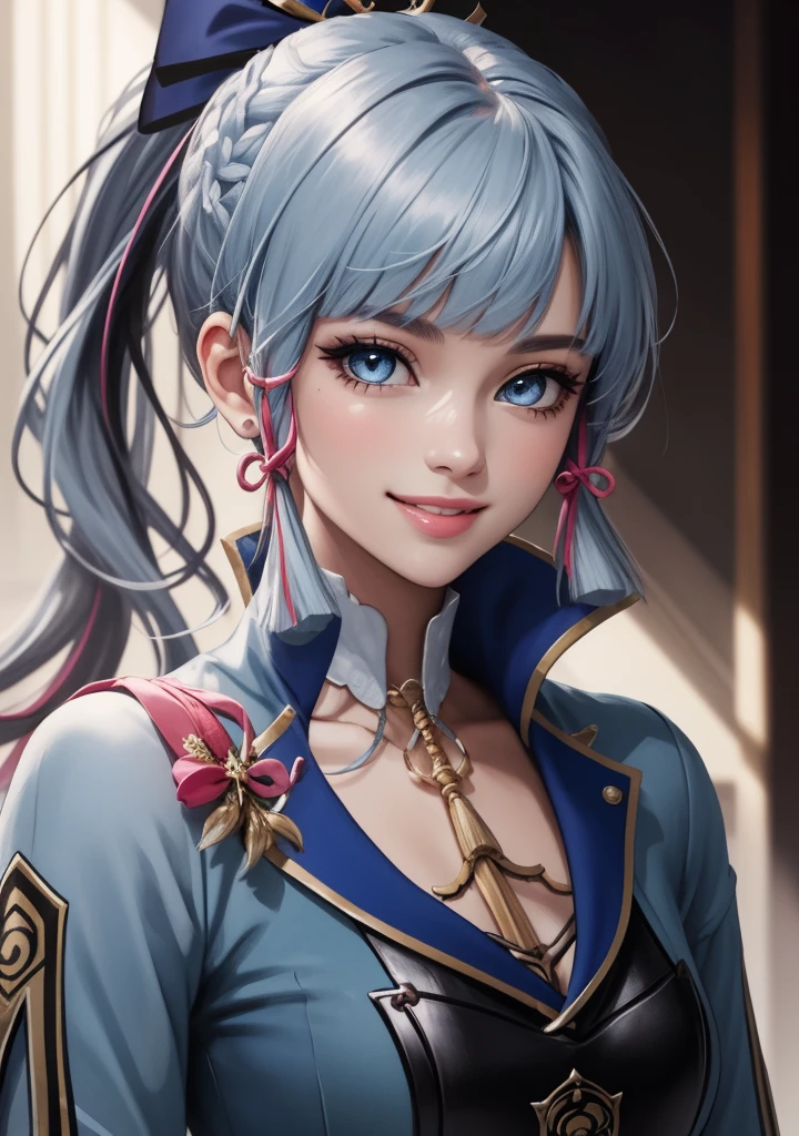 (masterpiece), (best quality), (ultra detailed),(disheveled hair),(illustration), (1girl), standing, smiling, beautiful detailed eyes, light blue eyes, detailed beautiful face, (kamisato ayaka: 1.2), Genshin Impact,focus on face, ponytail, kamisato ayaka(genshin impact), light blue hair, detailed hair, bangs, best lighting, best shadow, highly detailed, vibrant