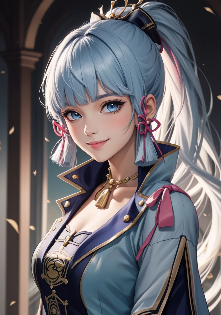(masterpiece), (best quality), (ultra detailed),(disheveled hair),(illustration), (1girl), standing, smiling, beautiful detailed eyes, light blue eyes, detailed beautiful face, (kamisato ayaka: 1.2), Genshin Impact,focus on face,  ponytail, kamisato ayaka(genshin impact), light blue hair, detailed hair, bangs, best lighting, best shadow, highly detailed, vibrant