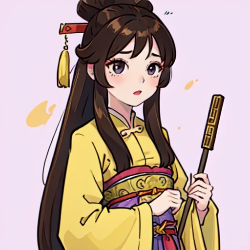 ( Best Quality, ancient china, A girl, pastel yellow chinese long dress), long hair tied in two tomatoes, Brown hair , purple eyes
