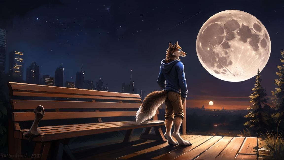 ((Solo)), male people, anthro wolf, (Multi-colored fur, White-brown:1.3), ((Wolf face, Big eyes, White eyelids, Blue pupil, Slim:1.2) (Tough, Calm expression:1.2)), (Height 2.1 meters,Tail length 1.5m), Abs, Slim, pinging, (Correct anatomy), (Contour bone:1.2), (detailed outfits), (Hoodies), a long large tail,Feet,(Realistic fur, Detailed fur texture, labeled:1.3)), (Natural lighting), Photorealistic, Hyperrealistic, ultradetailed, by Kenket,In the modern city, Sit on wooden bench,the night,Sit alone,Look at the full moon,It was dark,Starry