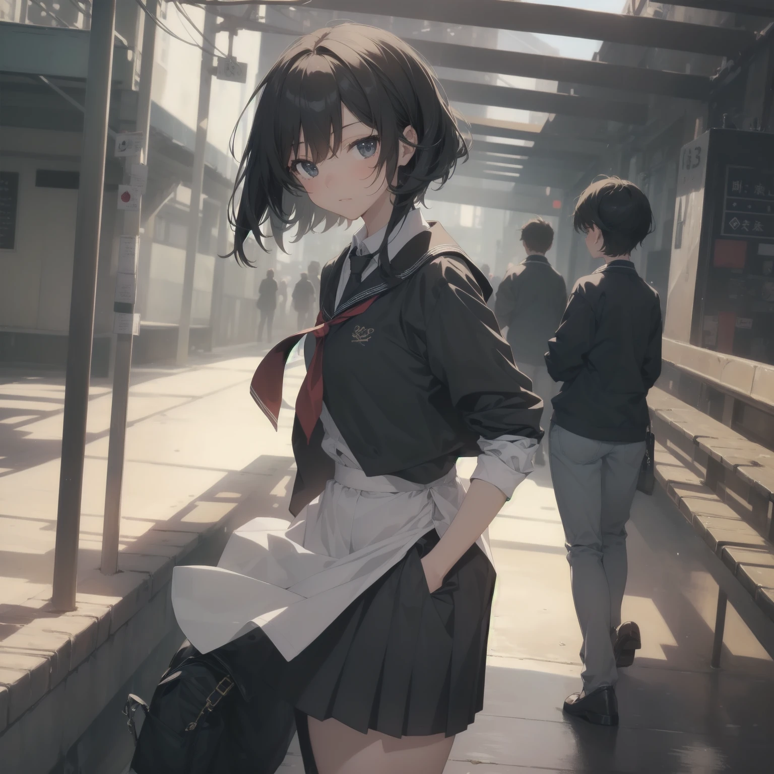 ultra-absurdres-Top quality by artist God, ultra-detailed, high resolution, anime moe artstyle, best anime 8k konachan wallpaper, pixiv contest winner, pool:2810, perfect anatomy,break, 1girl, (Please draw a girl walking sleepily to school alone. )break,(Solo,little female, 13-year-old:1.3),Full limbs, complete fingers,a junior high school student, (very short hair), short cut, flat chest, , small butt, small black eyes, beautiful detailed eyes, well-proportioned iris and pupils, expressive eyes, highres detailed hair, soft expression, salor school_uniform, sailor collar, serahuku, bow, pleated skirt,(Detailed Lighting), (Detailed background), in the School commute route. break,super detailed skin, Best cinematic lighting powered by famous artist, 8k,beauty illustration,photoshop_(medium),very aesthetic,break,((artist:haruhisky )), artist:clamp ,artist:carnelian ,artist:kantoku ,