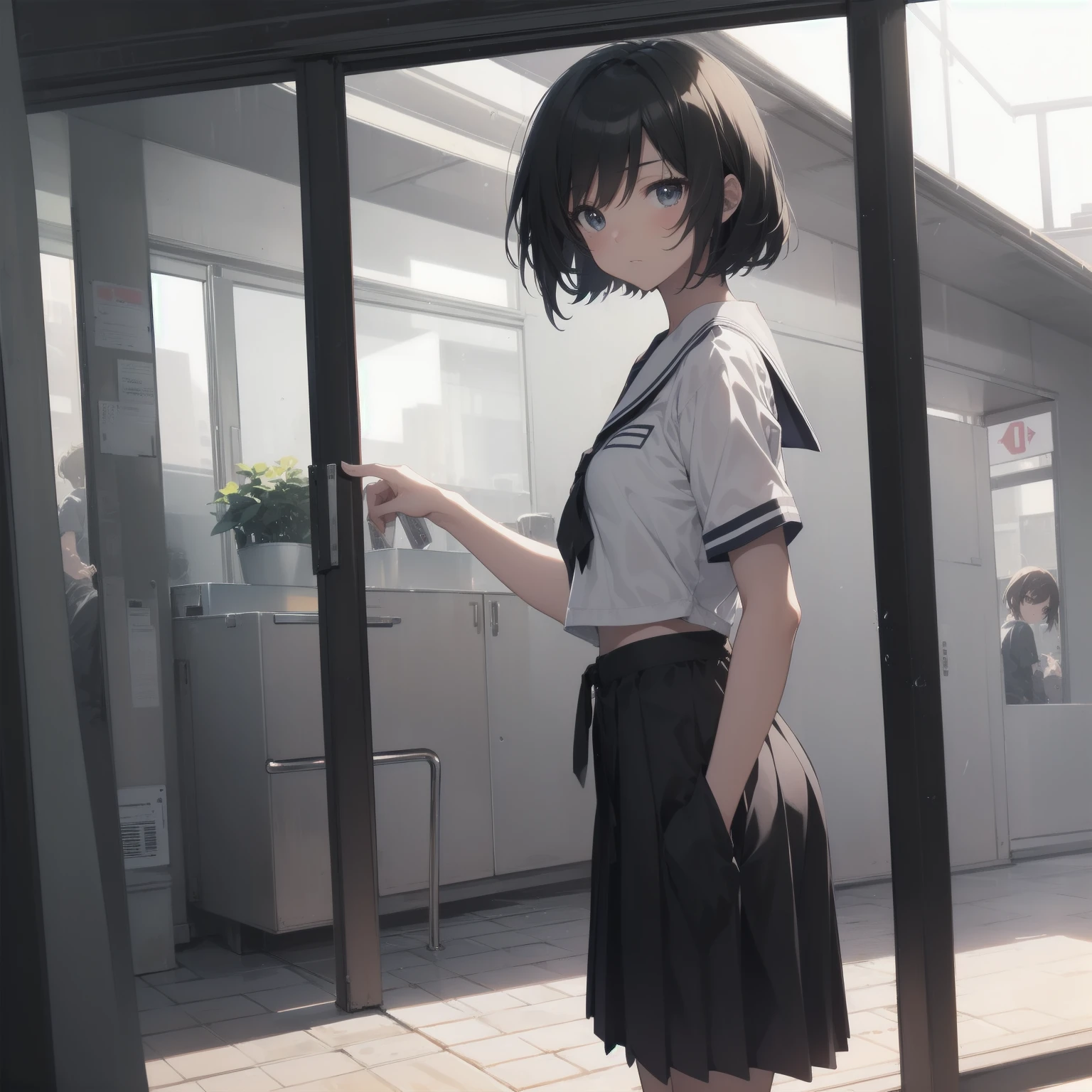 ultra-absurdres-Top quality by artist God, ultra-detailed, high resolution, anime moe artstyle, best anime 8k konachan wallpaper, pixiv contest winner, pool:2810, perfect anatomy,break, 1girl, (Please draw a girl walking sleepily to school alone. )break,(Solo,little female, 13-year-old:1.3),Full limbs, complete fingers,a junior high school student, (very short hair), short cut, flat chest, , small butt, small black eyes, beautiful detailed eyes, well-proportioned iris and pupils, expressive eyes, highres detailed hair, soft expression, salor school_uniform, sailor collar, serahuku, bow, pleated skirt,(Detailed Lighting), (Detailed background), in the School commute route. break,super detailed skin, Best cinematic lighting powered by famous artist, 8k,beauty illustration,photoshop_(medium),very aesthetic,break,((artist:haruhisky )), artist:clamp ,artist:carnelian ,artist:kantoku ,