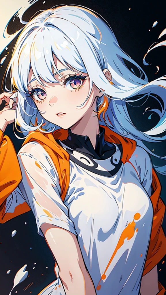 Lovely beautiful girl, 1 girl, Wearing a platinum shirt, Half-body photo, Black clear eyes, Small face, Color Splash, Color Splash, Messy Lineouth closed, Long eyelashes, White shirt, Upper Body, Paint splashes, Acrylic paint, Rainbow Hair, Highest quality, Light orange outfit, cinematic lighting, UHD, high details, best quality, highres, 8k