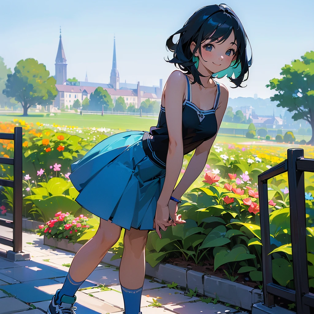 (high quality, High resolution, Very detailed, reality:1.37), Peaceful atmosphere, (Outdoor, garden), Teenage girl standing alone, (my breasts are big.), Beautiful details, Cute Smile, (Black bob hair), camisole, Blue Skirt, Blue socks, sneakers.