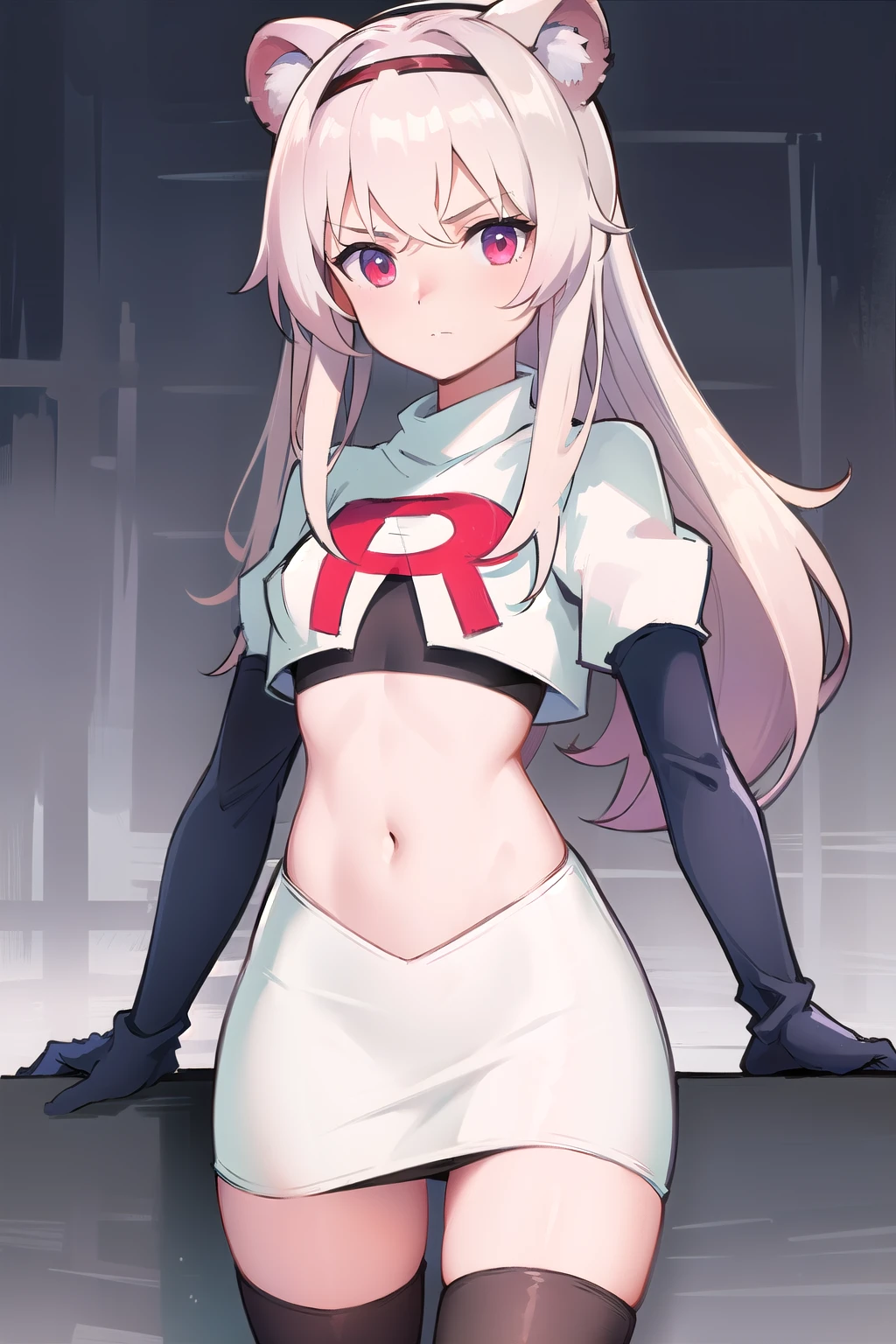 best quality,1girl,normal,cowboy shot,holding sword, team rocket,team rocket uniform,white skirt,red letter R,crop top,black thigh-highs,black elbow gloves