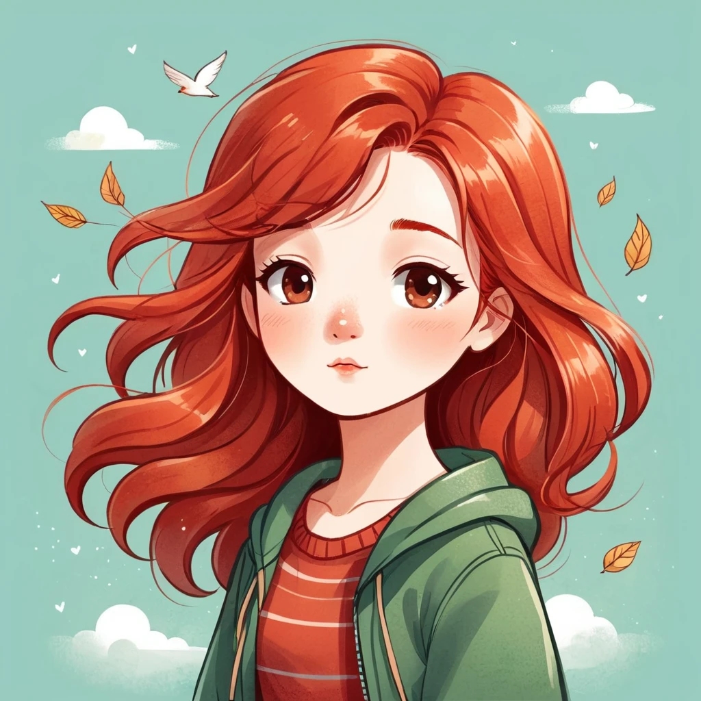 A chibii style illustration, a red-haired woman with hair blowing in the wind, a woman. She is thoughtful..by Kathrin Honesta